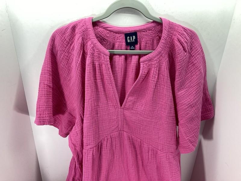Gap Gauze Tier Dress Womens Size XL Pink Short Sleeve Split V-Neck Pockets NWT