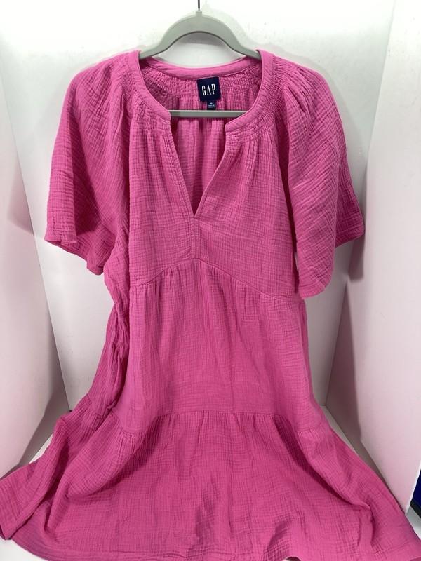 Gap Gauze Tier Dress Womens Size XL Pink Short Sleeve Split V-Neck Pockets NWT