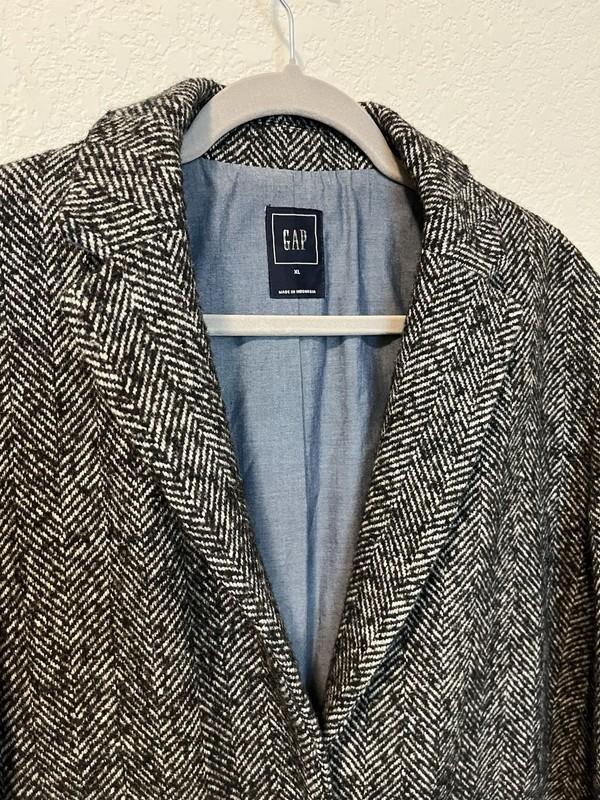 Gap Womens Coat XL Gray Black Herringbone Swing Jacket Button Wool Blend