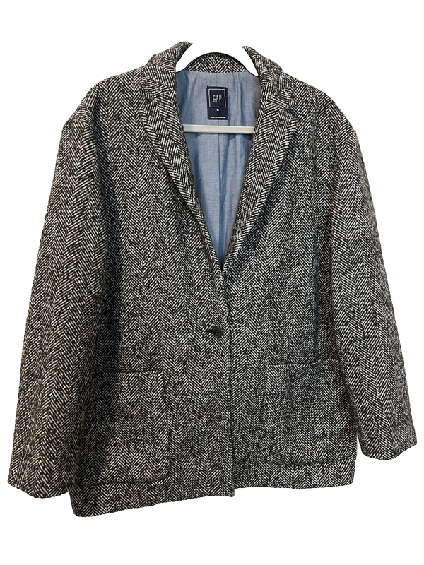 Gap Womens Coat XL Gray Black Herringbone Swing Jacket Button Wool Blend