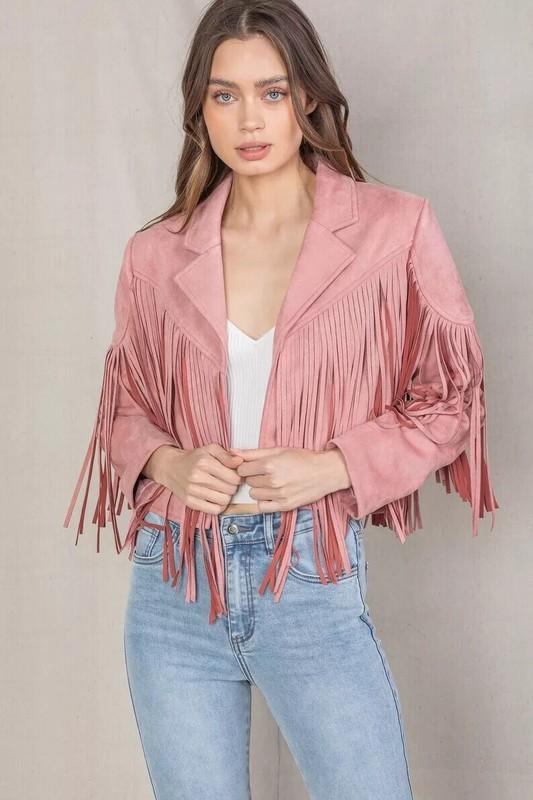 Genuine Handmade Lambskin Pink Leather Motorcycle Women Suede Fringed Jacket