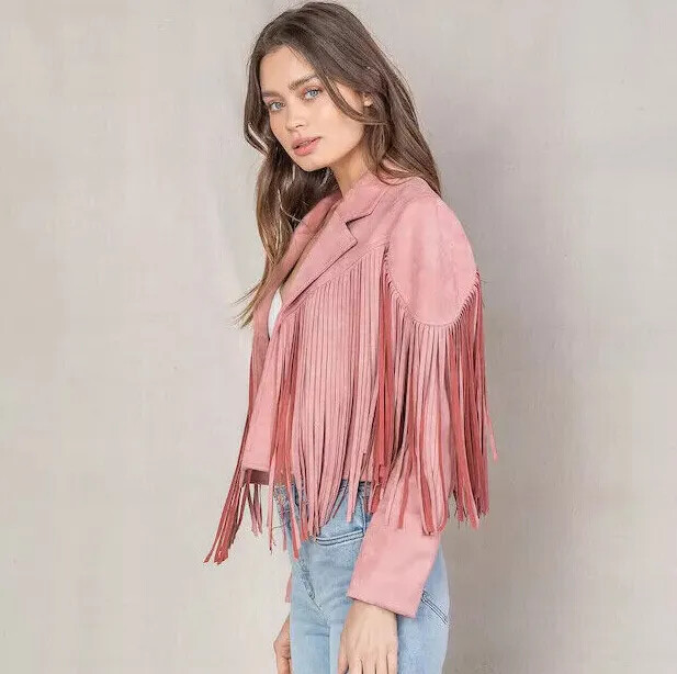 Genuine Handmade Lambskin Pink Leather Motorcycle Women Suede Fringed Jacket