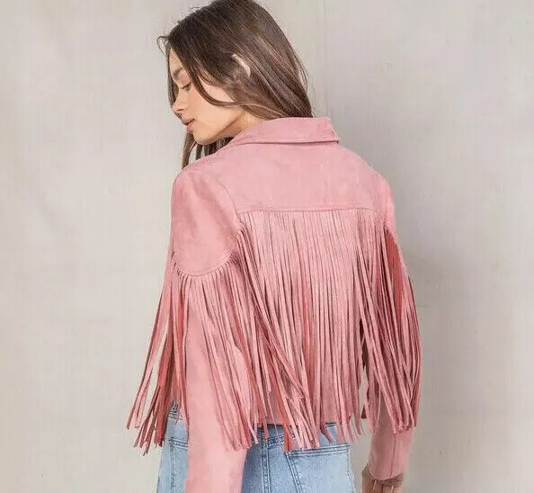 Genuine Handmade Lambskin Pink Leather Motorcycle Women Suede Fringed Jacket