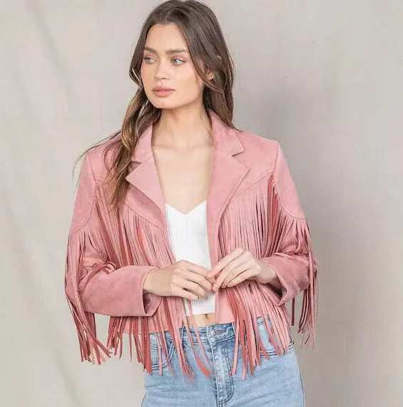 Genuine Handmade Lambskin Pink Leather Motorcycle Women Suede Fringed Jacket