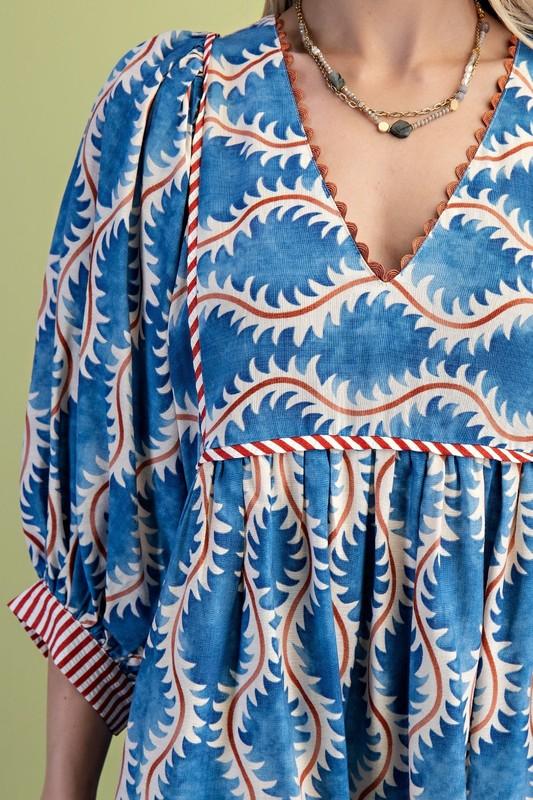 Gigio By Umgee Blue Multi Printed V-Neck Mini Dress W/Ric-Rak Trim