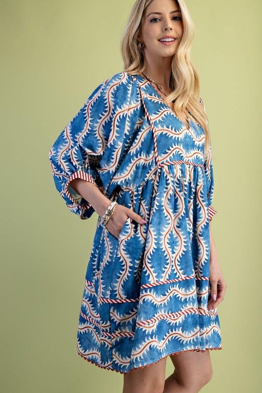 Gigio By Umgee Blue Multi Printed V-Neck Mini Dress W/Ric-Rak Trim