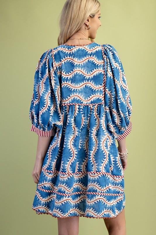 Gigio By Umgee Blue Multi Printed V-Neck Mini Dress W/Ric-Rak Trim