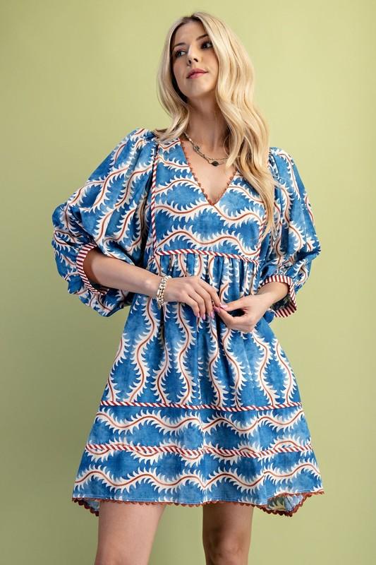 Gigio by Umgee Blue Multi Printed V-Neck Mini Dress w/Ric-Rak Trim