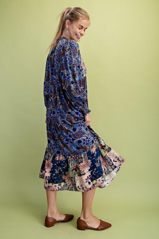 Gigio By Umgee Navy Mixed Print Tiered V-Neck Midi Dress W/Ruffled Neck