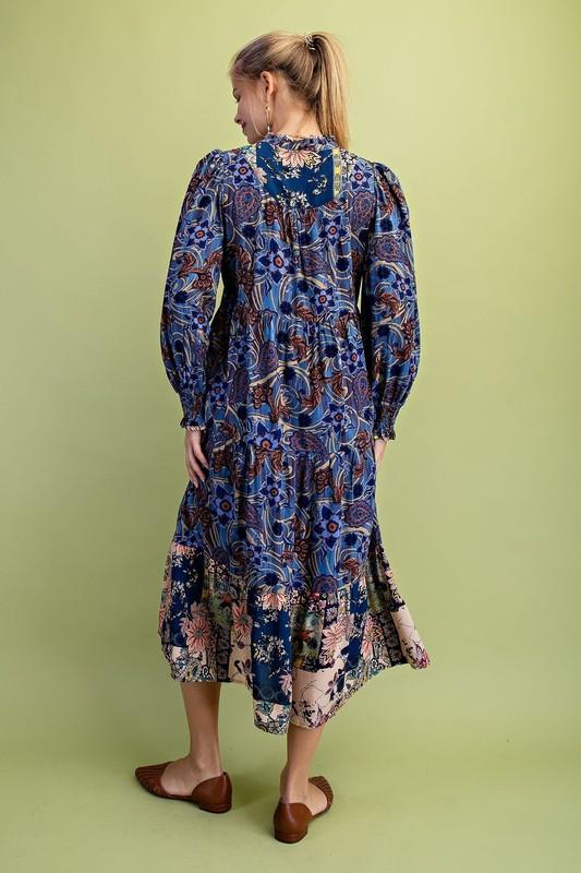 Gigio By Umgee Navy Mixed Print Tiered V-Neck Midi Dress W/Ruffled Neck