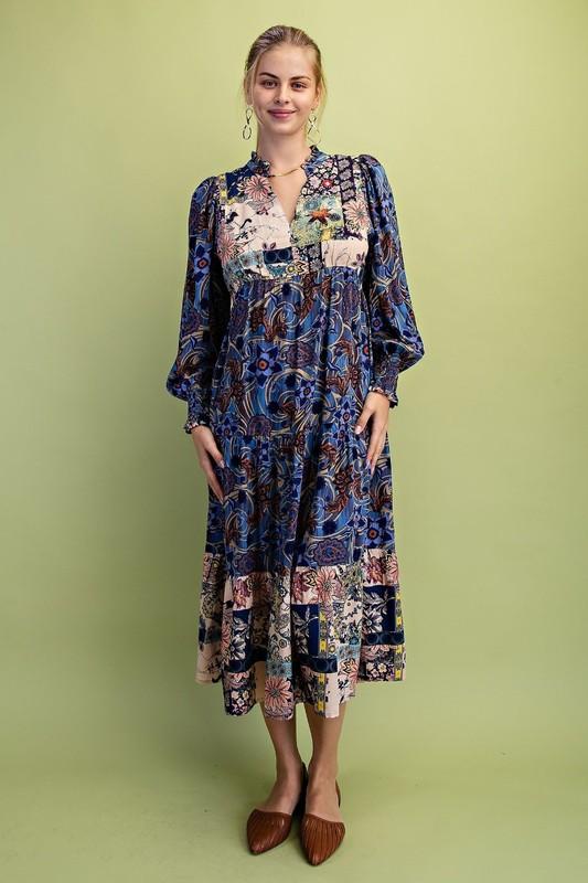 Gigio by Umgee Navy Mixed Print Tiered V-Neck Midi Dress w/Ruffled Neck