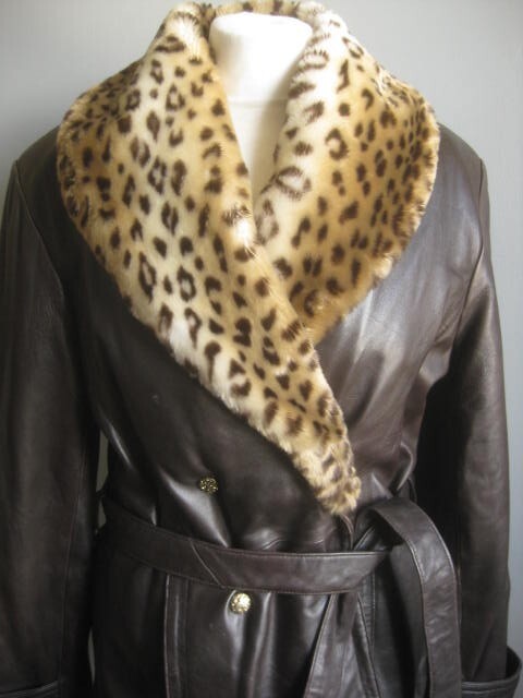 GLAM ROCK LEATHER JACKET 14 Leopard Fur Collar Belt Steampunk GAPELLE Vintage