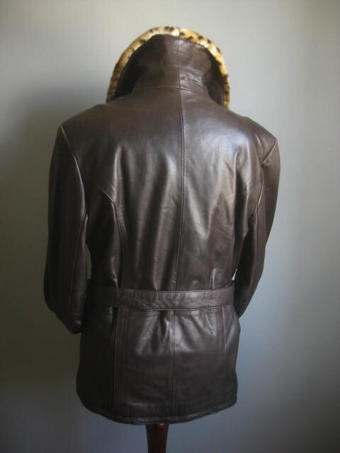 GLAM ROCK LEATHER JACKET 14 Leopard Fur Collar Belt Steampunk GAPELLE Vintage