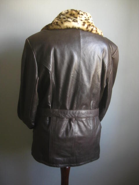 GLAM ROCK LEATHER JACKET 14 Leopard Fur Collar Belt Steampunk GAPELLE Vintage