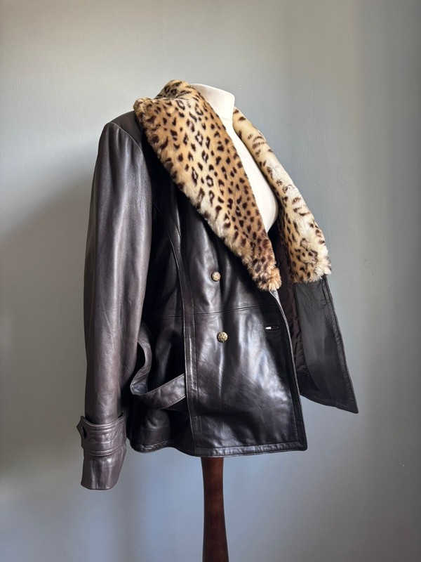 GLAM ROCK LEATHER JACKET 14 leopard fur collar belt steampunk GAPELLE vintage