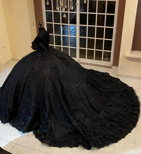 Glittering Black Quinceanera Dresses Corset 3D Flowers Ball Gowns Sweet 15 16