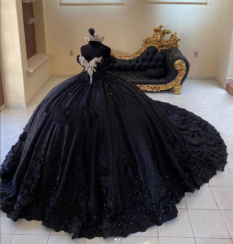 Glittering Black Quinceanera Dresses Corset 3D Flowers Ball Gowns Sweet 15 16