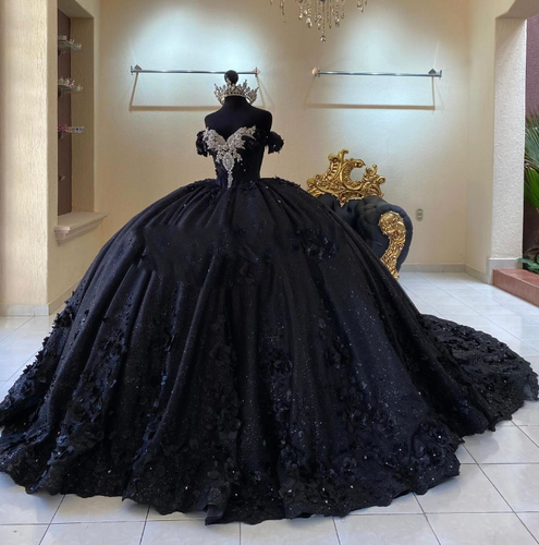 Glittering Black Quinceanera Dresses Corset 3D Flowers Ball Gowns Sweet 15 16
