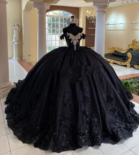 Glittering Black Quinceanera Dresses Corset 3D Flowers Ball Gowns Sweet 15 16