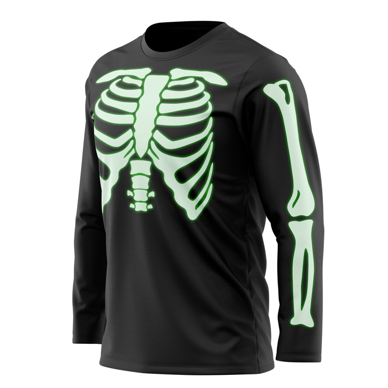 Glow In The Dark Long Sleeve Skeleton T Shirt Fancy Dress Halloween Scary Out