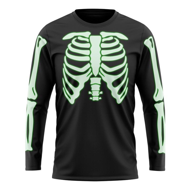 Glow In The Dark Long Sleeve Skeleton T Shirt Fancy Dress Halloween Scary Out