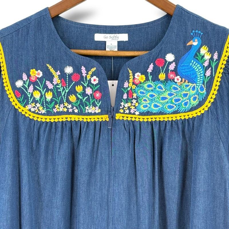 Go Softly Denim Embroidered Floral Peacock Patio Dress Sz Large Full Zip