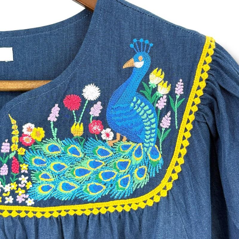 Go Softly Denim Embroidered Floral Peacock Patio Dress Sz Large Full Zip