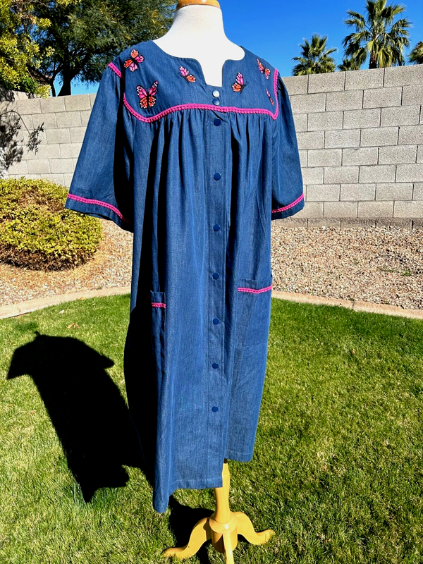 Go Softly Patio Dress Denim Muu Muu 1X Blue W/Embroidered Butterflies NWT