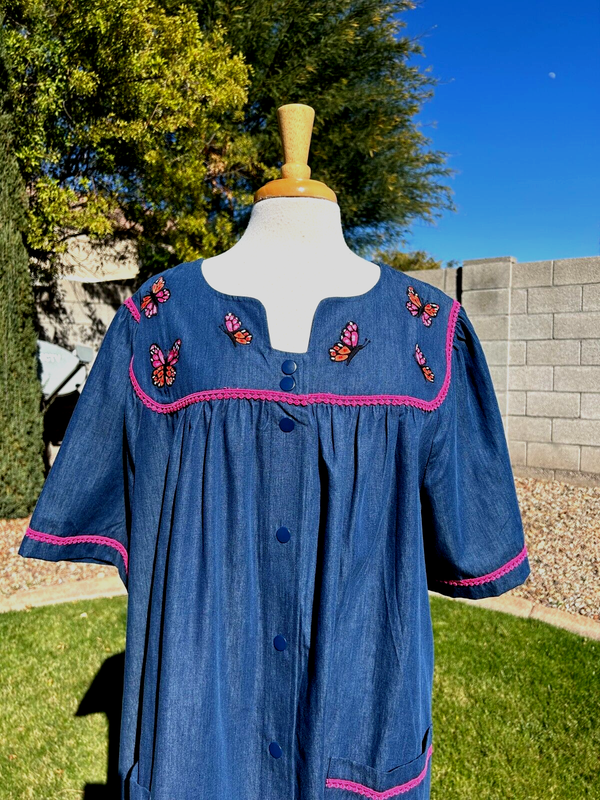 Go Softly Patio Dress Denim Muu Muu 1X Blue W/Embroidered Butterflies NWT