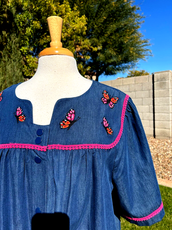 Go Softly Patio Dress Denim Muu Muu 1X Blue W/Embroidered Butterflies NWT