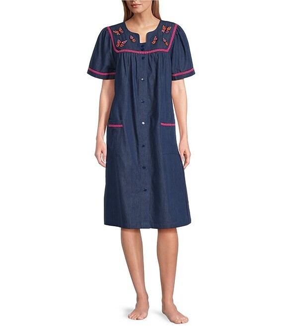 Go Softly Patio Dress Denim Muu Muu 1X Blue w/Embroidered Butterflies NWT
