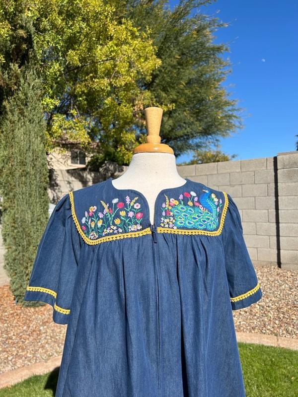 Go Softly Patio Dress Denim Muu Muu XL Blue W/ Embroidered Peacock & Floral NWT