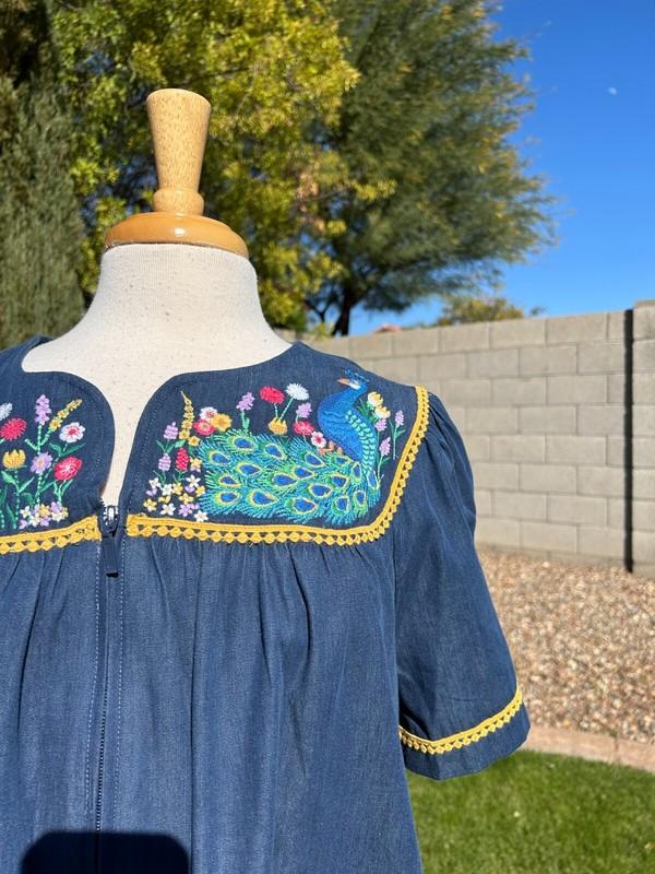 Go Softly Patio Dress Denim Muu Muu XL Blue W/ Embroidered Peacock & Floral NWT