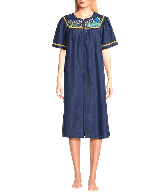Go Softly Patio Dress Denim Muu Muu XL Blue w/ Embroidered Peacock & Floral NWT