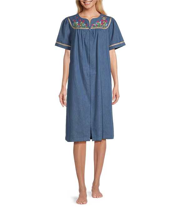 Go Softly Patio Dress Denim Muu Muu XL Blue WEmbroidered Birdhouse & Flowers NWT