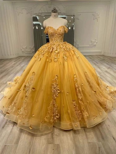 Gold Quinceanera Dresses With 3D Floral Off The Shoulder Sweet 16 Party Dresses