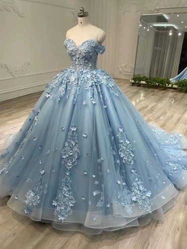 Gold Quinceanera Dresses With 3D Floral Off The Shoulder Sweet 16 Party Dresses