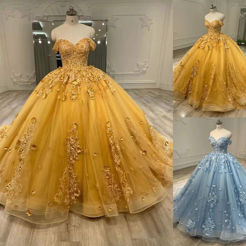 Gold Quinceanera Dresses with 3D Floral Off the Shoulder Sweet 16 Party Dresses