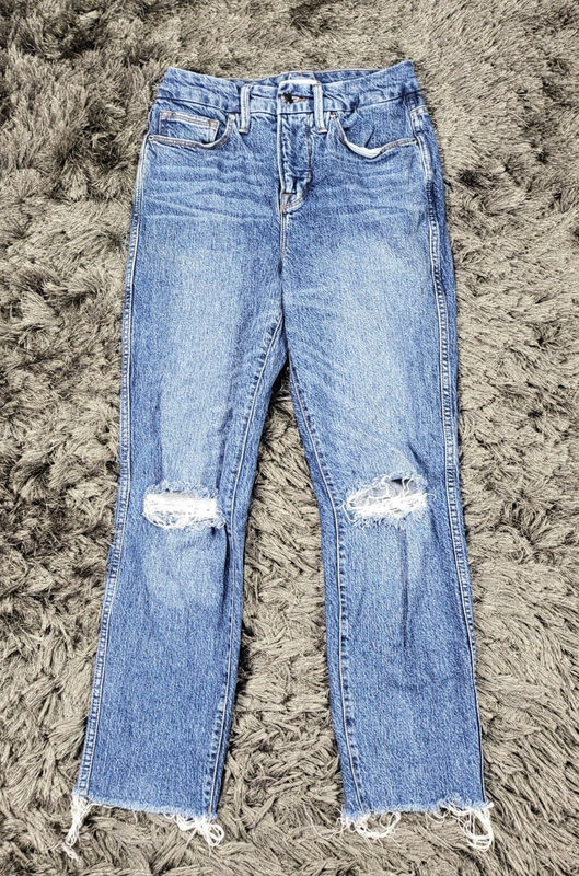 Good American Good Curve Straight Jeans Women's 2 X 26 Blue Distressed Raw Hem