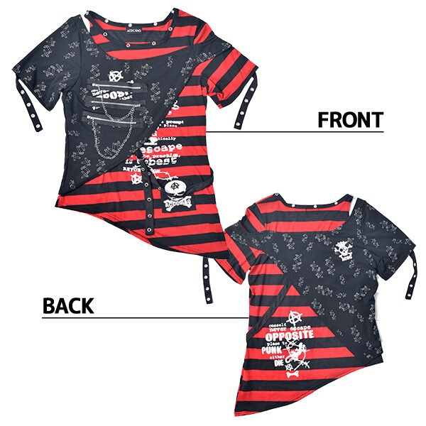 Goth Emo Punk Black and Red Shredded Tee Shirt - One Size