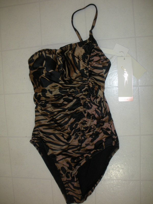 GOTTEX 2024 Brown & Black Jaguar 1 Pc One Shoulder Style Swimsuit Sz 12 NWT