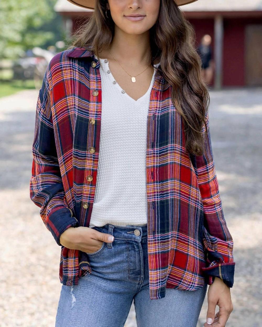 Grace And Lace Reversible Plaid Shirt Red / Navy