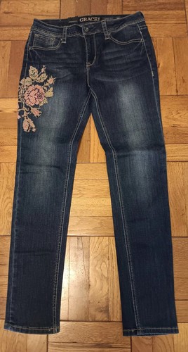 Grace In LA Floral Embroidered Easy Fit Denim Blue Jeans Size 29 NEW With Tags