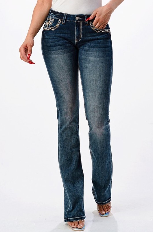 Grace In LA Women's Cheetah Cross Pattern Embroidered Stretch Bootcut Jeans