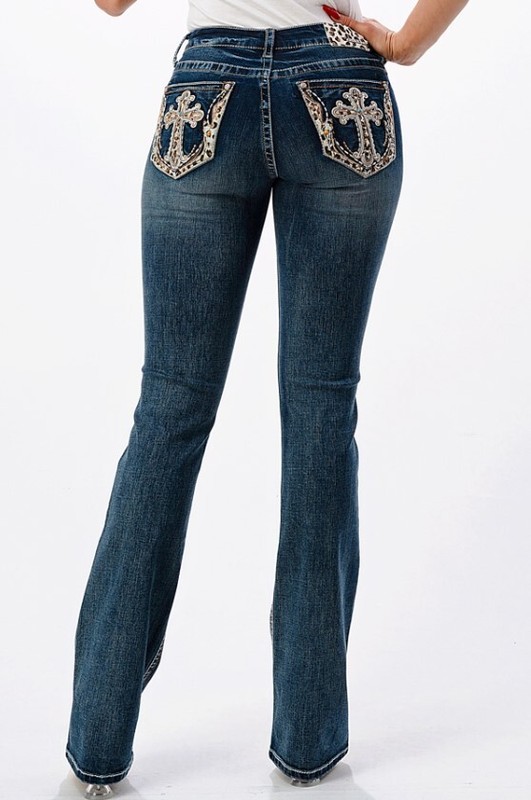 Grace In LA Women's Cheetah Cross Pattern Embroidered Stretch Bootcut Jeans
