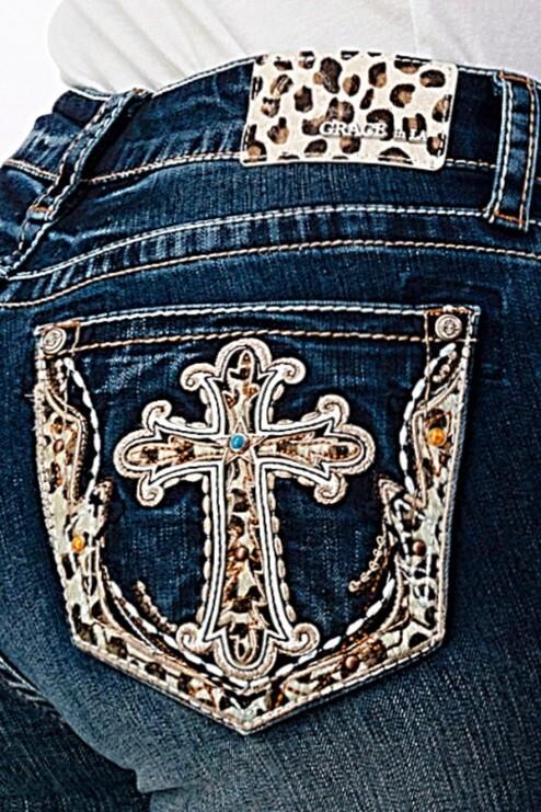 Grace in LA Women's Cheetah Cross Pattern Embroidered Stretch Bootcut Jeans