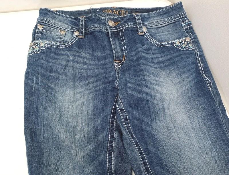 Grace In LA Women's Embroidered Feather Stretch Jeans Sz 30 X33 Inseam