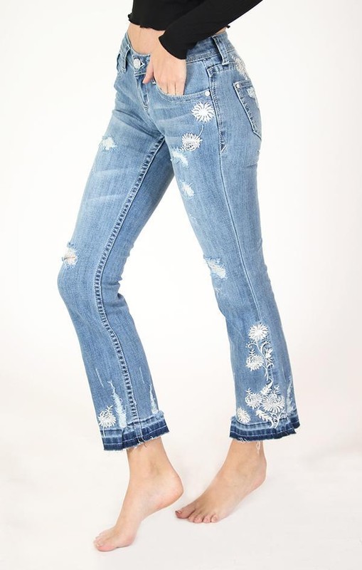 Grace In LA Women's Floral Embroidered Distressed Cropped Bootcut Stretch Jeans