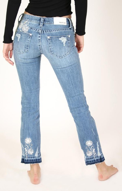 Grace In LA Women's Floral Embroidered Distressed Cropped Bootcut Stretch Jeans