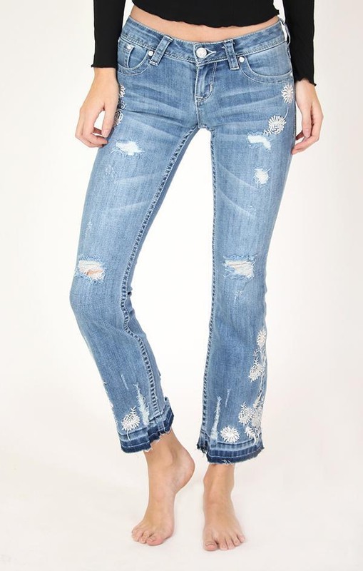 Grace in LA Women's Floral Embroidered Distressed Cropped Bootcut Stretch Jeans